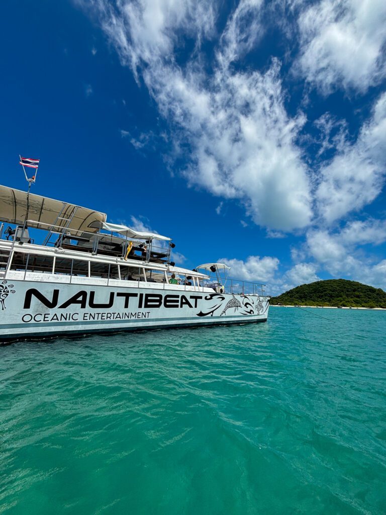 A white luxury catamaran boat facing a tropical island