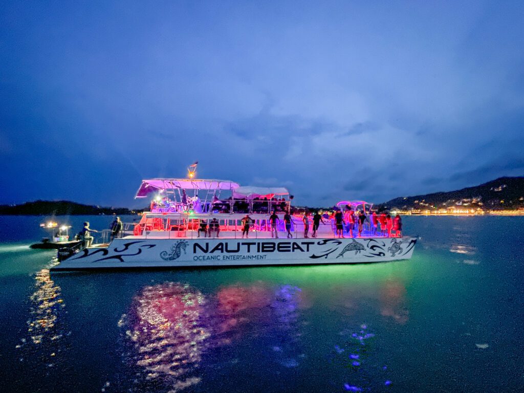 A party boat with its lights turned on at dusk