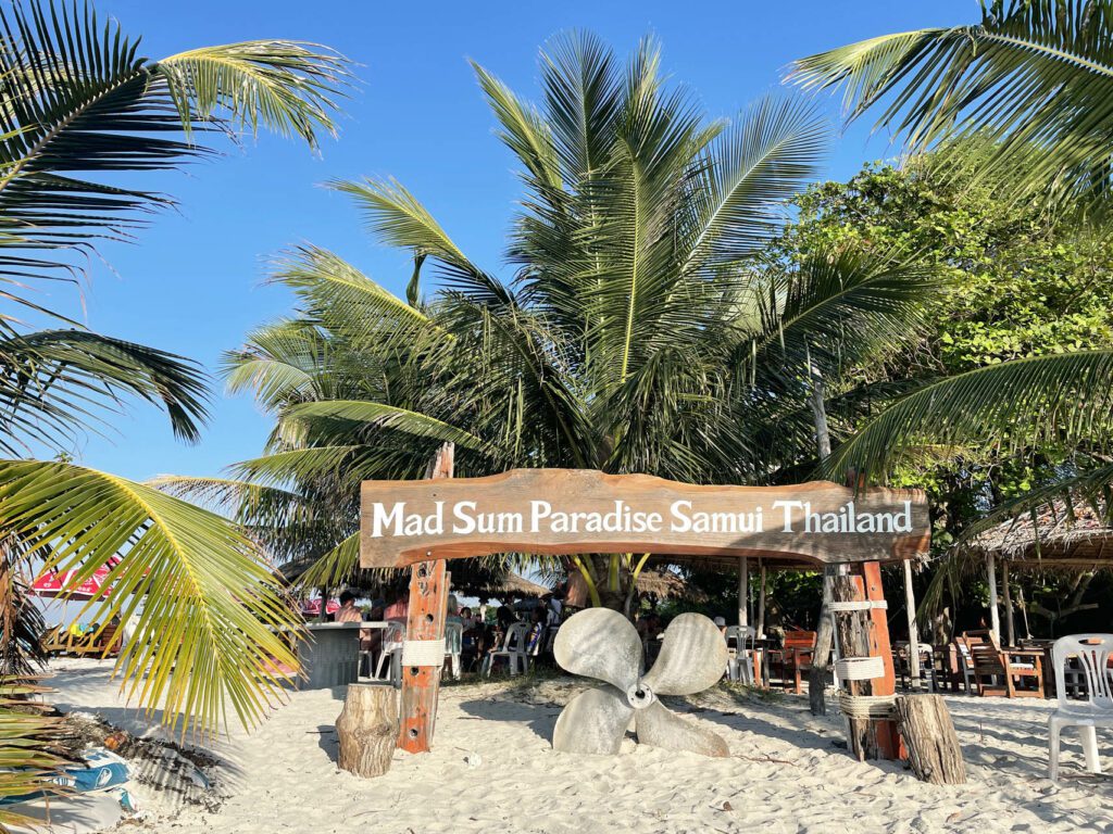 Mad Sum Paradise sign above an entry way towards a bar on Pig Island